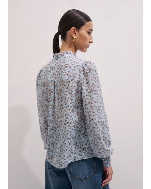 ME+EM Blue Scallop Daisy Print Trim Detail Blouse + Tie