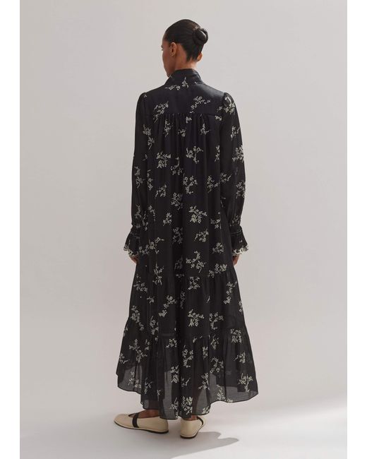 ME+EM Black Silk Organza Cherry Blossom Print Maxi Dress/Light Cream