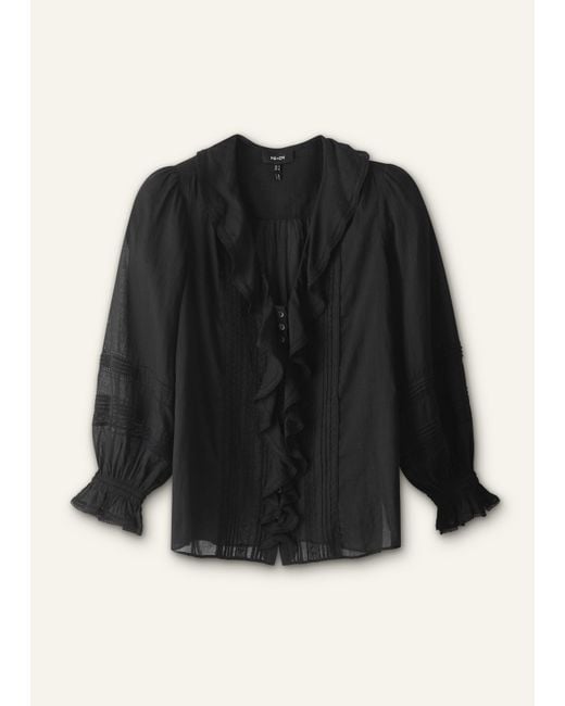 ME+EM Black Cotton Voile Ruffle Blouse