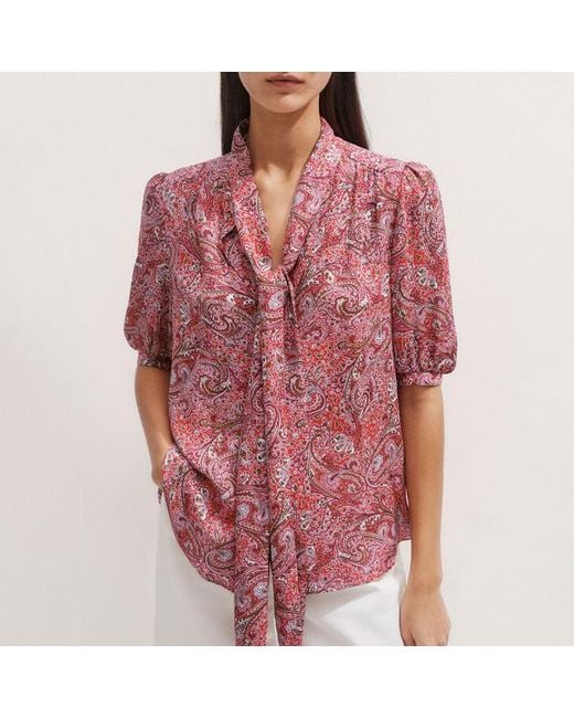 ME+EM Multicolor Silk Intricate Paisley Print Pussybow Blouse