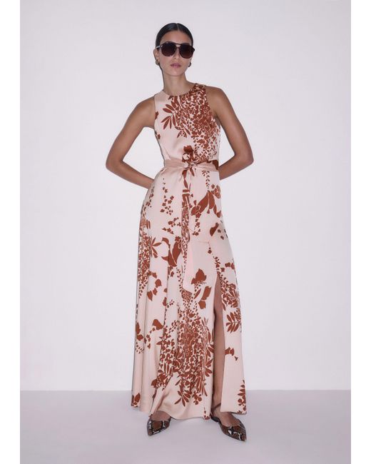 ME+EM Pink Silk Satin Draping Wisteria Print Full Length Dress + Tie-Cinnamon