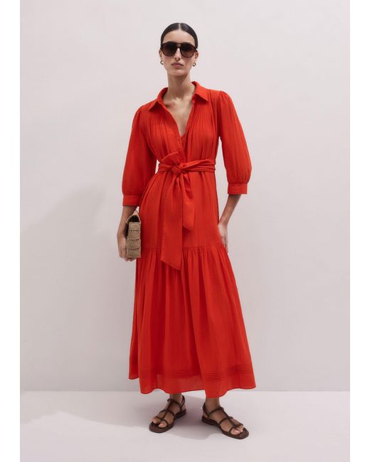 ME+EM Blue Cotton Pin Tuck Swing Maxi Dress With Slip + Tie
