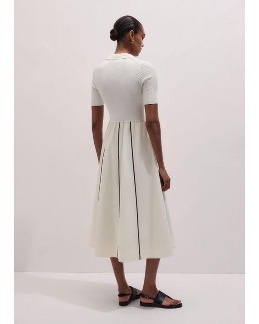 ME+EM Multicolor Mixed Media Fit And Flare Midi Dress + Belt Light Cream