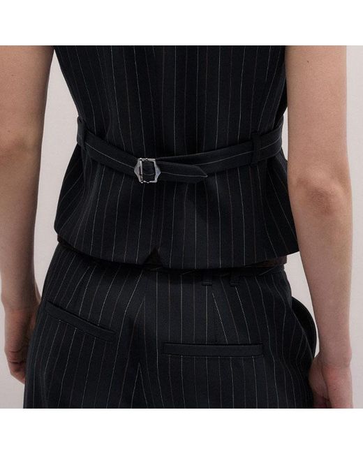 ME+EM Black Pinstripe Wrap Waistcoat