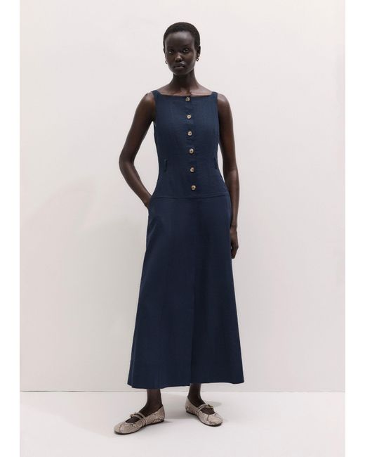 ME+EM Blue Crease-Less Linen Button Front Maxi Dress + Belt