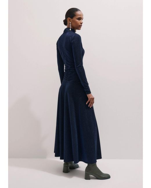 ME+EM Blue Metallic Draped Cowl Neck Maxi Dress