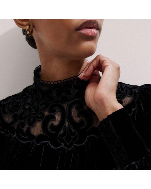 ME+EM Black Silk Blend Velvet Embroidered Top