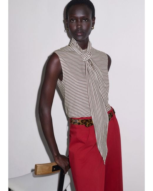 ME+EM Red Impossibly Soft Scarf Neck Sleeveless Tee + Tie Cocoa-Light Cream