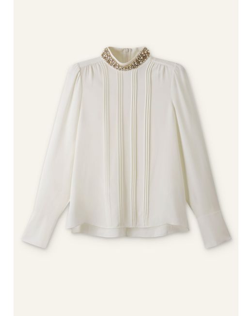 ME+EM Natural Silk Am-Pm High Neck Top + Embellished Collar