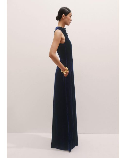 ME+EM Blue Silk Blend Velvet Dropped Neckline Jumpsuit
