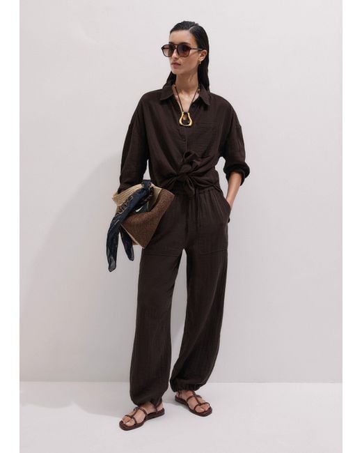 ME+EM Black Cheesecloth Drawstring Hem Trouser