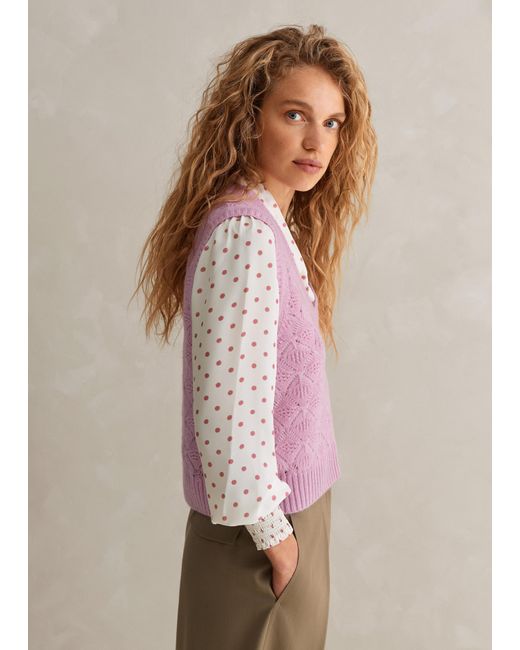 ME+EM Pink Merino Cashmere Silk Lace Stitch V Neck Sweater