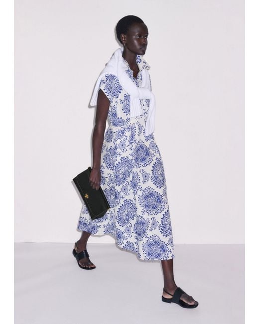 ME+EM Blue Cheesecloth Fit & Flare In-Full-Bloom Print Midi Dress Soft