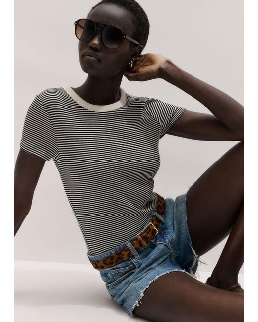 ME+EM Gray Ultimate Crew Neck Micro Stripe Tee-Light Cream