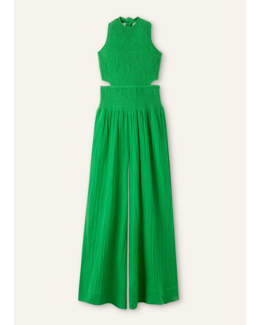ME+EM Green Cheesecloth Shirred Wide-leg Jumpsuit