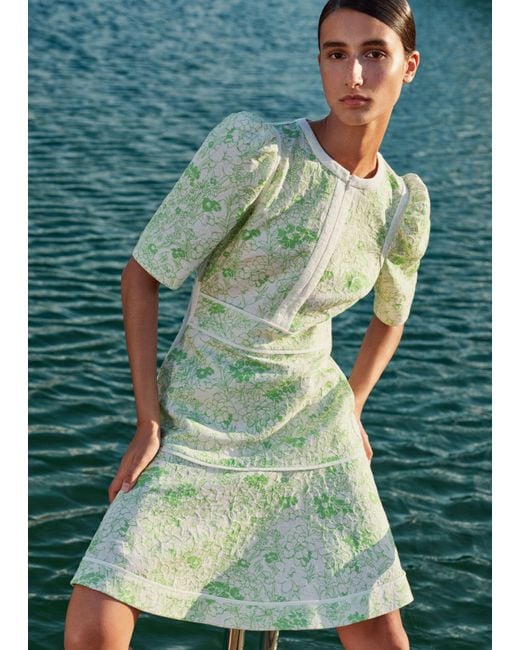 ME+EM Green Cotton Jacquard Gardenia Print Fit And Flare Dress