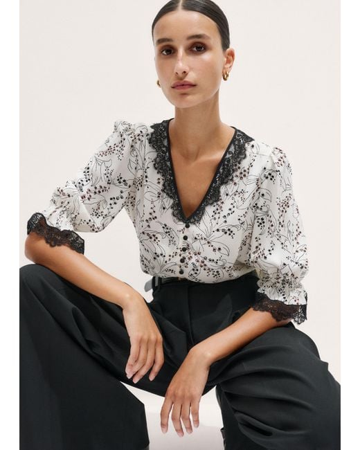 ME+EM Gray Silk Lily Of The Valley Print Blouse + Tie