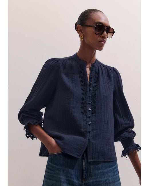ME+EM Blue Cheesecloth Intricate Detail Blouse