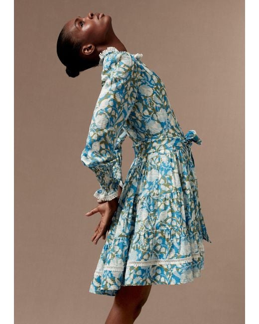 ME+EM Blue Silk-blend Shadow Bloom Print Swing Dress + Belt
