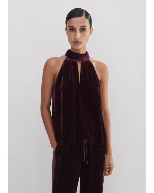 ME+EM Purple Silk-Blend Velvet Halterneck Top