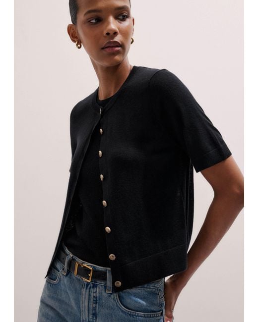 ME+EM Black Merino Cashmere Barely There Buttoned Knit Tee