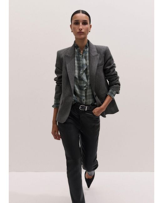 ME+EM Gray Cotton Voile Check Long Sleeve Blouse + Tie