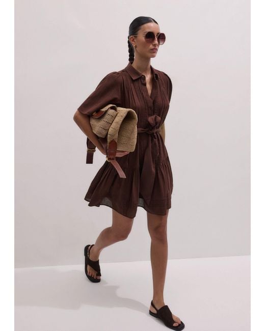 ME+EM Brown Pin Tuck Detail Mini Swing Dress + Slip