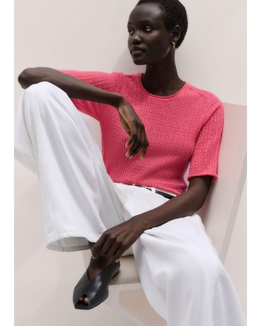 ME+EM Pink Lofty Fine Cable Knit Slim Tee