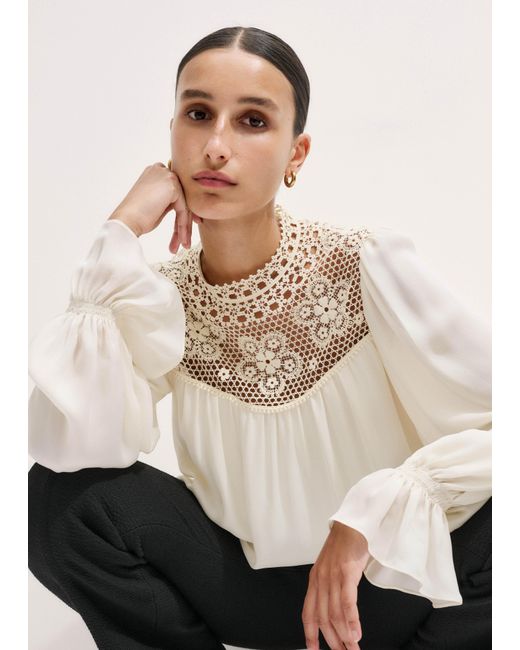 ME+EM Natural Silk + Lace Long Sleeve Blouse