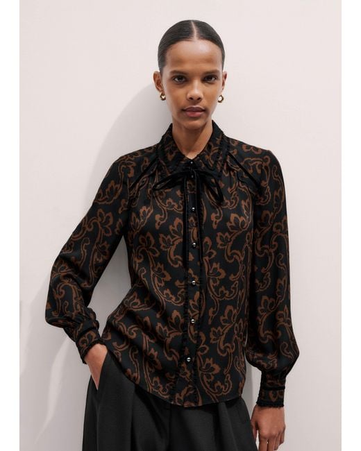 ME+EM Black Silk Floral Scroll Print Shirt + Tie