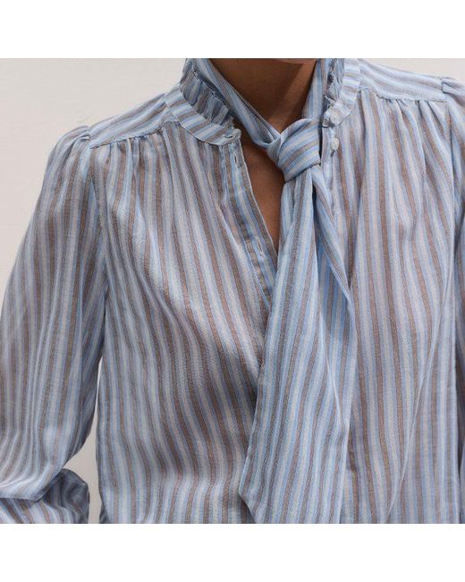 ME+EM Blue Cotton Voile Stripe Blouse + Tie