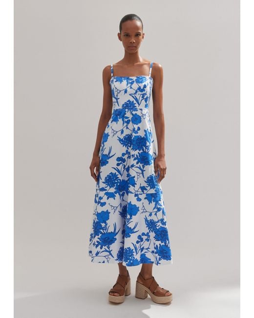 ME+EM Blue Cotton Scribbled Flower Print Maxi Dress