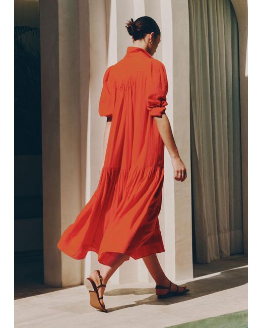 ME+EM Blue Cotton Pin Tuck Swing Maxi Dress With Slip + Tie