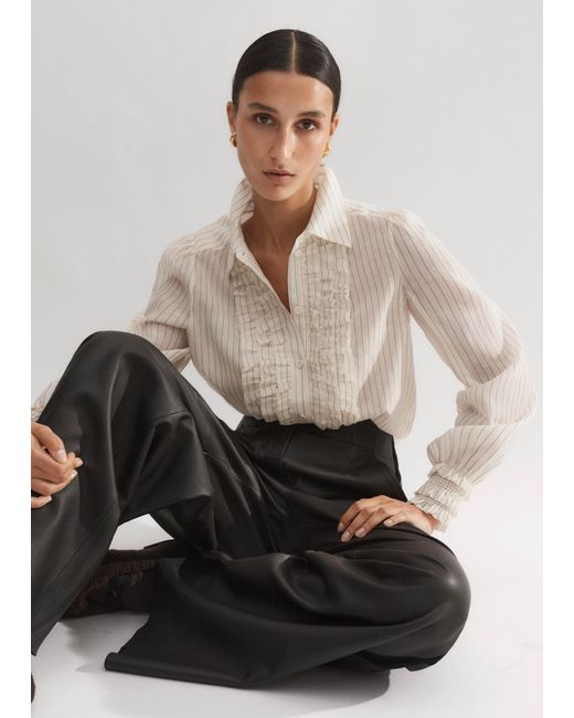 ME+EM White Silk Cotton Pinstripe Ruffle Blouse