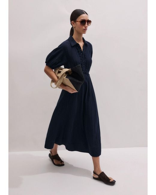 ME+EM Blue Fit & Flare Cheesecloth Intricate Detail Midi Dress