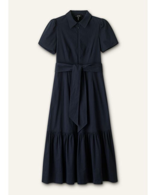 ME+EM Blue Fit And Flare Cotton Seersucker Midi Dress + Belt