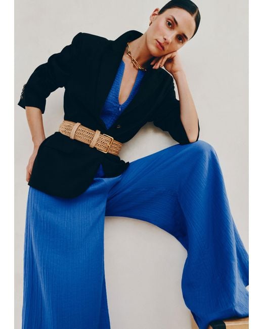 ME+EM Blue Cheesecloth Smocked Bodice Wide Leg Jumpsuit + Belt