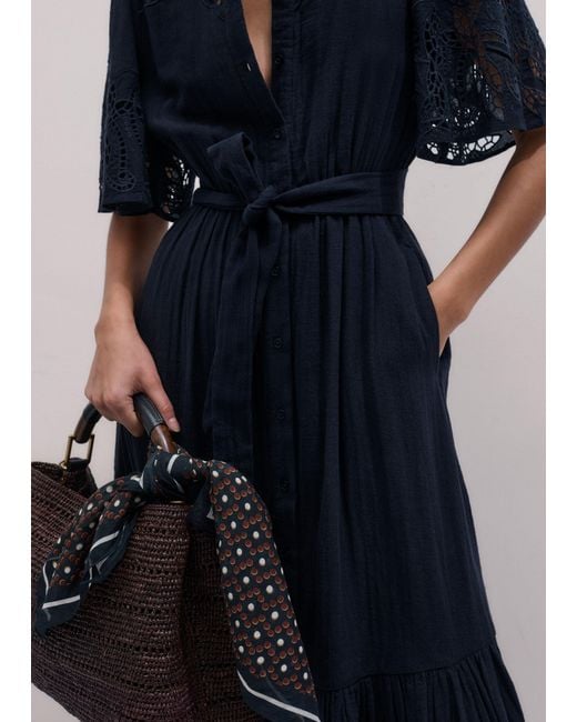 ME+EM Blue Cheesecloth Embroidered Maxi Dress + Belt