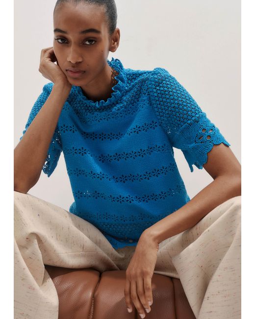 ME+EM Blue Crochet Lace Cotton T-Shirt