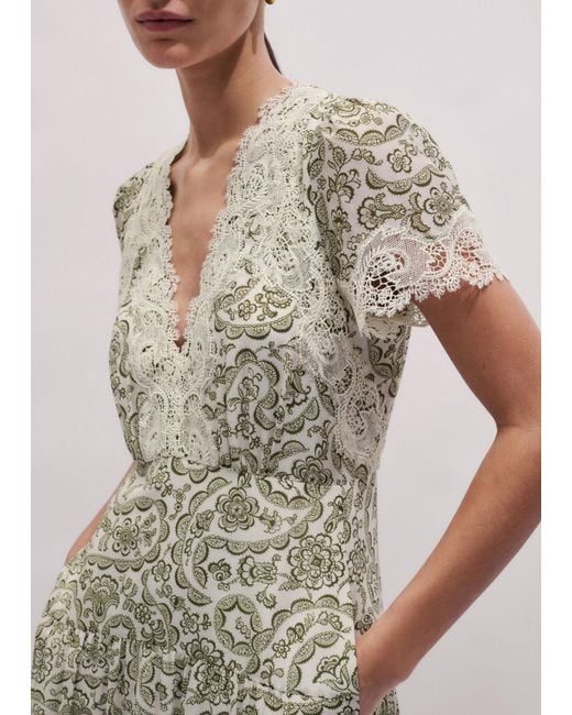 ME+EM Multicolor Silk Cotton Entangled Lace Print Maxi V Neck Dress-Light Cream