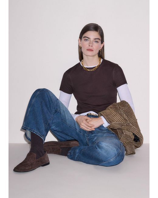 ME+EM Blue Sheer Rib Double Layer Top Summer Chocolate Soft