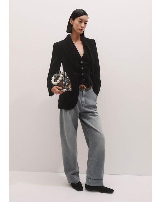 ME+EM Black Stretch Velvet Sharp Shoulder Contour Blazer