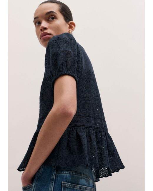 ME+EM Blue Cotton Broderie Boxy Peplum Top