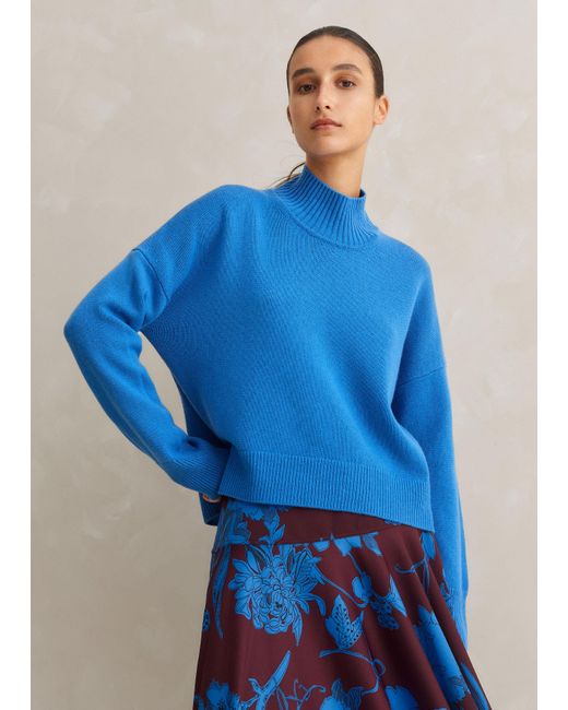 ME+EM Blue Merino Cashmere High Kneck Curved Hem Sweater