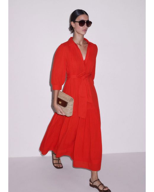 ME+EM Blue Cotton Pin Tuck Swing Maxi Dress With Slip + Tie