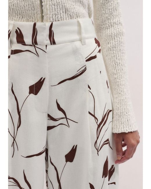 ME+EM White Crease-Less Linen Modern Tulips Print Wide Leg Trouser Light Cream