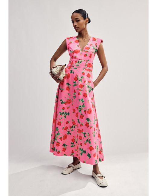 ME+EM Pink Cotton Sateen Rose Print Maxi Dress