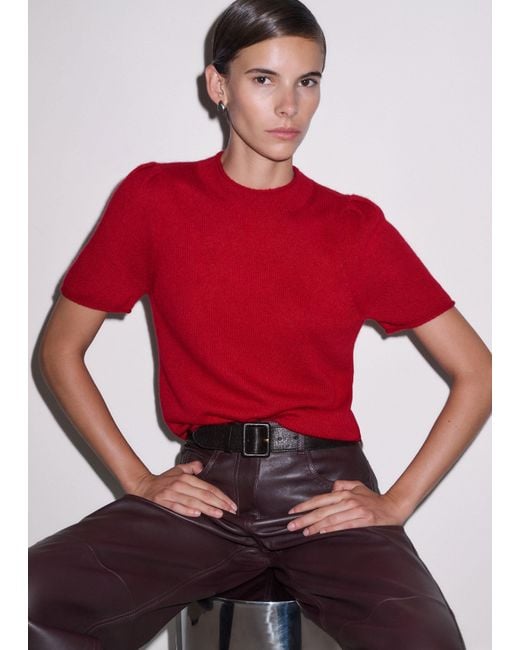 ME+EM Red Merino Cashmere Silk Pouf Sleeve Knit Tee