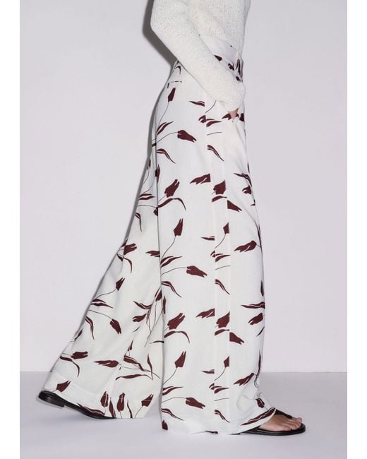 ME+EM White Crease-Less Linen Modern Tulips Print Wide Leg Trouser Light Cream