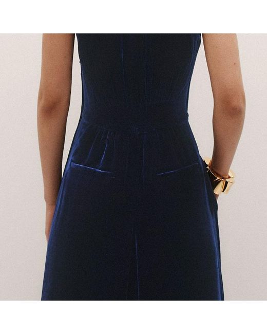 ME+EM Blue Silk Blend Velvet Dropped Neckline Jumpsuit